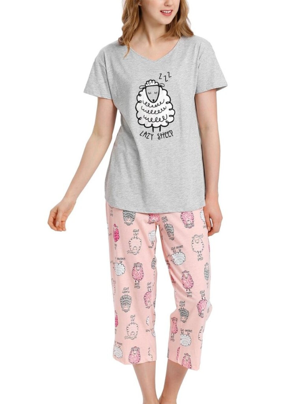 Womens Pajama Set Cotton Short Sleeve Top With Capri Pants Pj